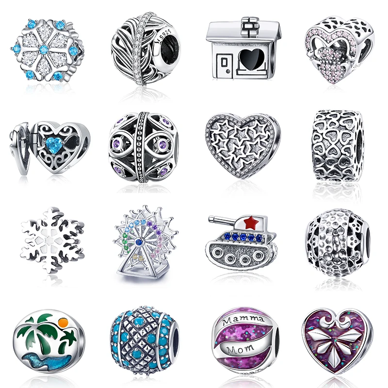S925 серебро fit Pandora браслет Кокосовая пальма Снежинка бусины в виде мельницы сердце дом Танк Дерево Птица амулет крыло браслеты