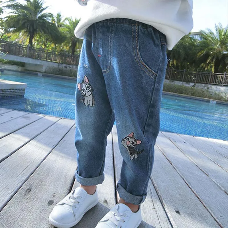 Hzirip Новинка 2017 года Демисезонный Модные джинсы для девочек длинные Брюки Кот