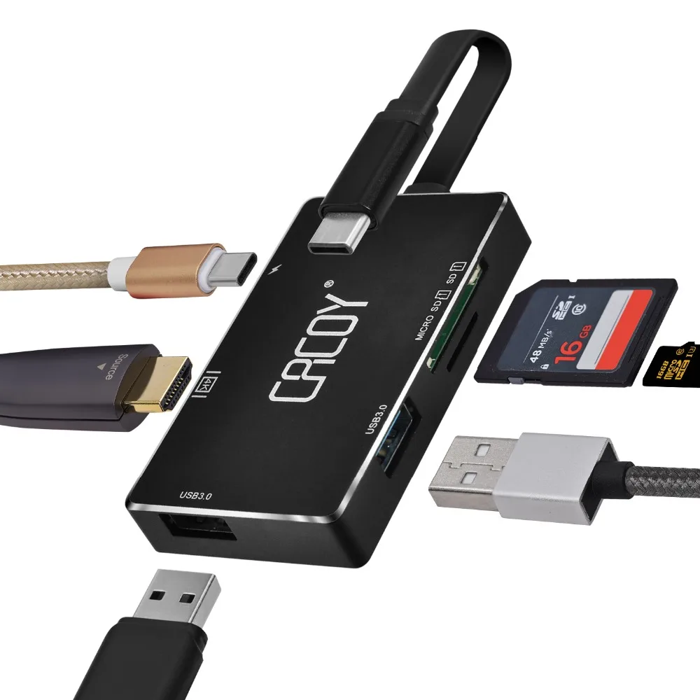 USB C адаптер 6 в 1 Тип 3 до 4 К HDMI/USB 0/SD/TF картридер Алюминий многопортовый конвертер