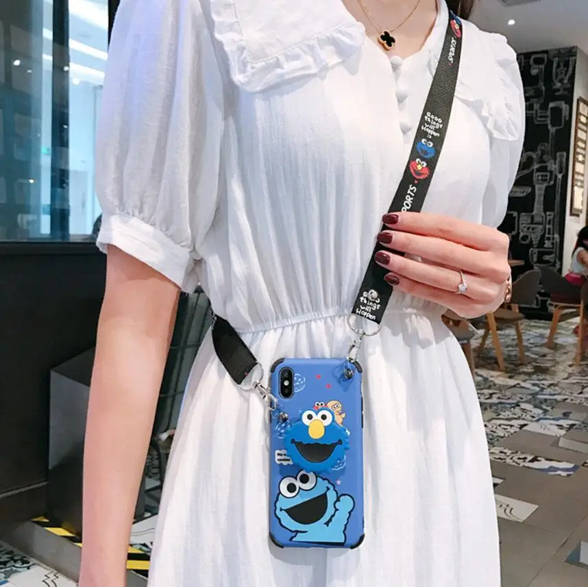 For iphone 11 Pro Max cute bracket Sesame Street ELMO rope Mobile Phone Case for iphone 6 6s 7 7plus 8 8plus X XR XS MAX cover - Цвет: Небесно-голубой