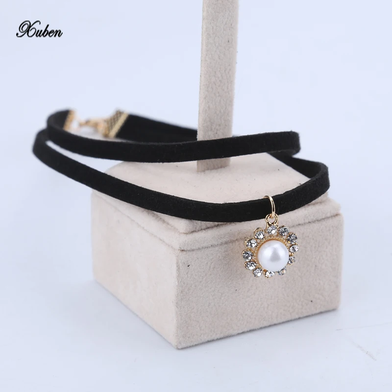 Черный Модный бархатный замшевый Чокер Ожерелье Подвеска с золотым цветком