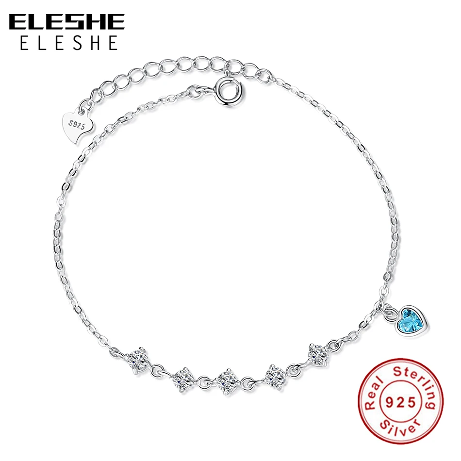ELESHE 925 стерлингового серебра модные ювелирные изделия серебро Очаровательный кристалл в виде сердца браслеты и браслеты синий горный хрусталь браслеты для женщин