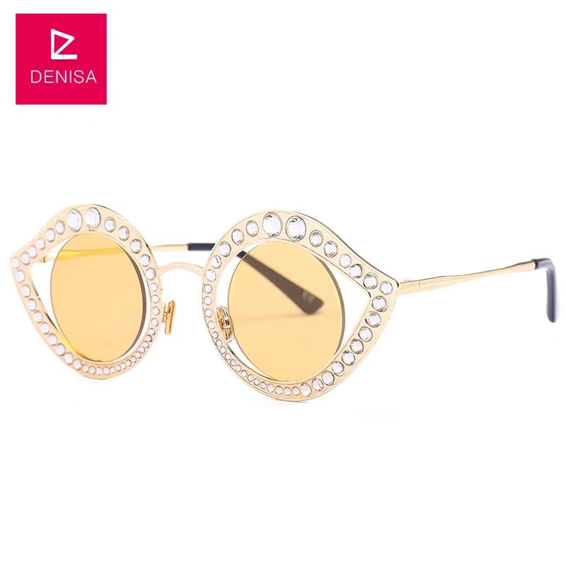 Yellow Sunglasses DENISA, круглые линзы, кошачий глаз, солнцезащитные очки для женщин,, трендовые очки со стразами, Винтажные Солнцезащитные очки для девушек, UV400, femme lunette G18616 - Цвет линз: Yellow Sunglasses