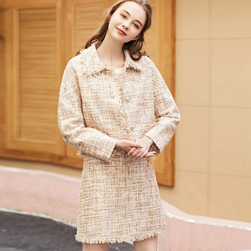 Хаки твидовый жакет + юбка для девочек комплекты одежды стиль non-fashion шерстяная