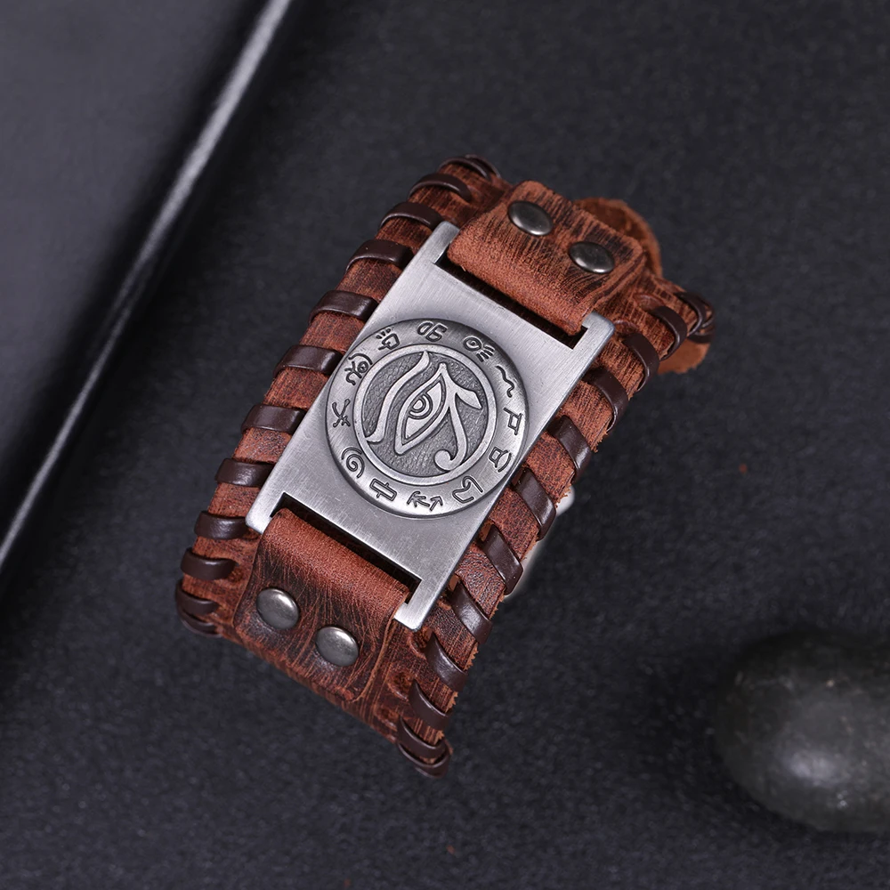 Dawapara Eyes Charm Genuine Leather Bracelet Bangles For Men's Wide Adjustable Antique Bronze Bracelets Men Jewelry | Украшения и