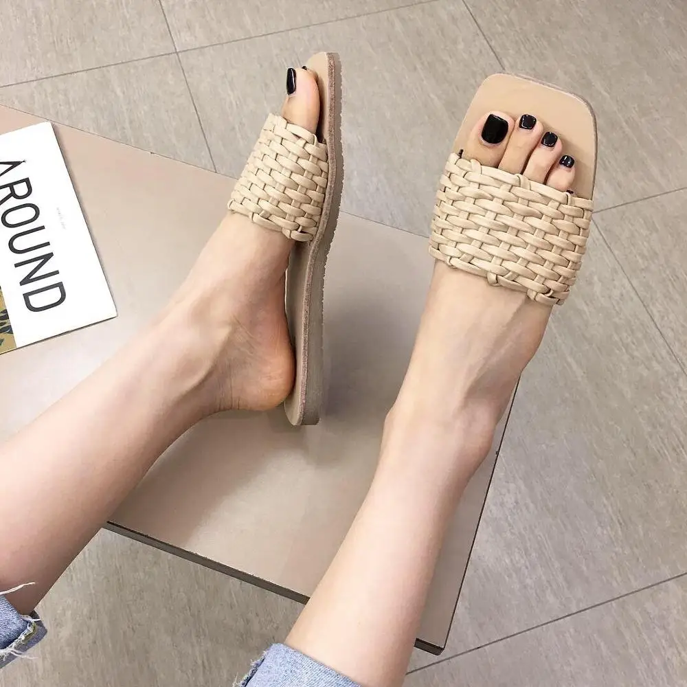 Высококачественные кожаные вязаные женские шлепанцы коллекция 2019 года сезон