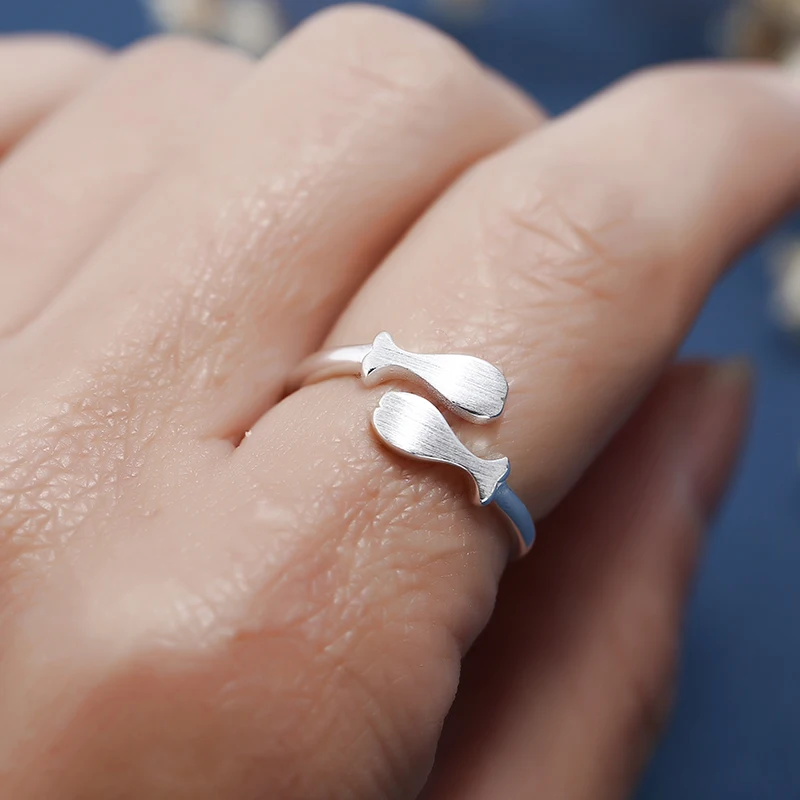 925 Sterling Silver Rings for Women Men Double fish Brushed Adjustable Open Ring Engagement Wedding Gift Jewelry | Украшения и