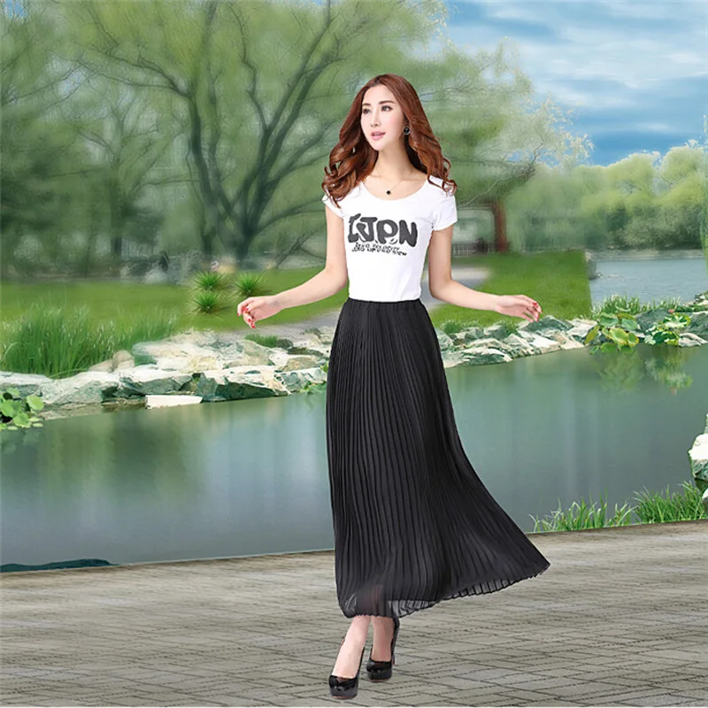 Elegant Summer 2016 Chiffon Women Long Skirts Womens High Waist Pleated tulleTutu Maxi Skirt Bohemian Solid 10 Colors falda | Женская