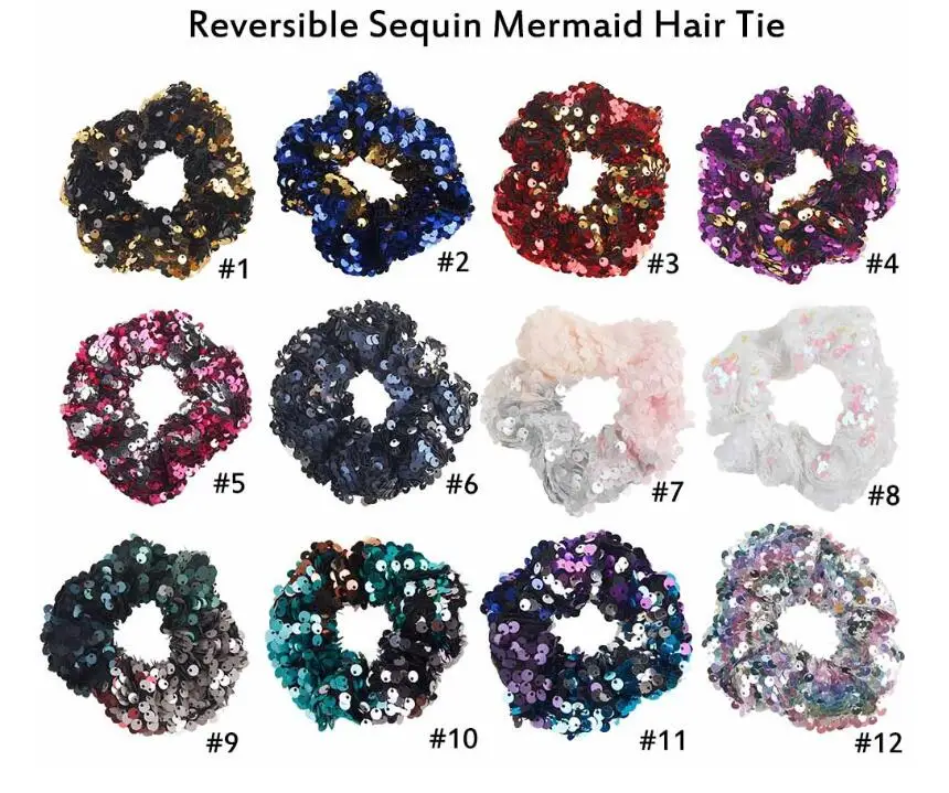 Для женщин Блестки для волос группа Scrunchies эластичный резиновый держатель для девочек двусторонние пайетки Русалка блеск волос заколки для волос аксессуары