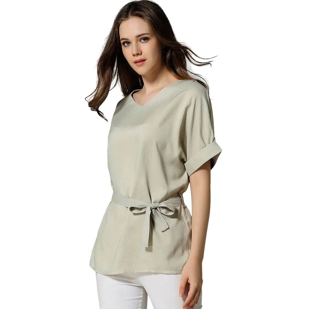 

Women Shirt Tops Blouses Women's V Neckline Self Tie Short Sleeve Blouse Tops Shirt Feminine Clothing blusas mujer de moda&A