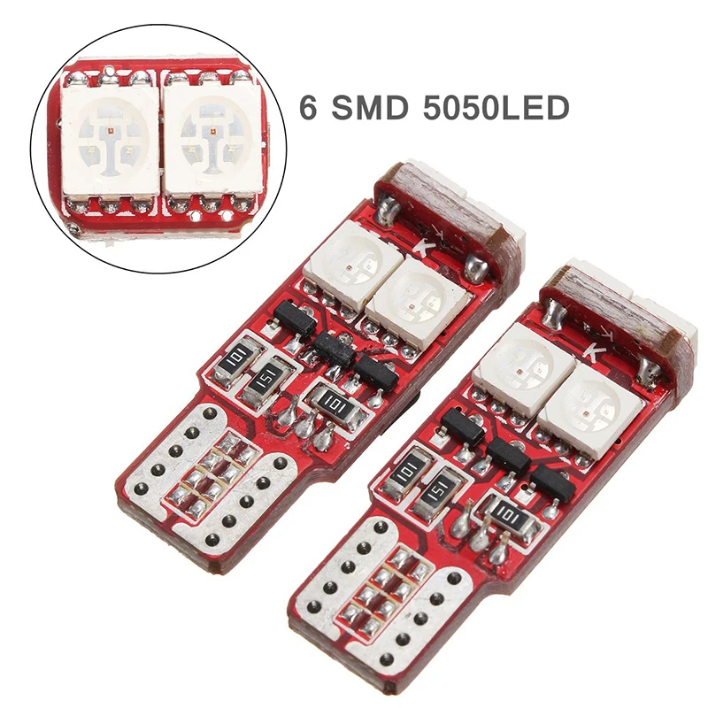 QCDIN 2Pcs Габаритные фонари для автомобиля T10 6 SMD 5050 Canbus 12V RGB Светодиодная лампа