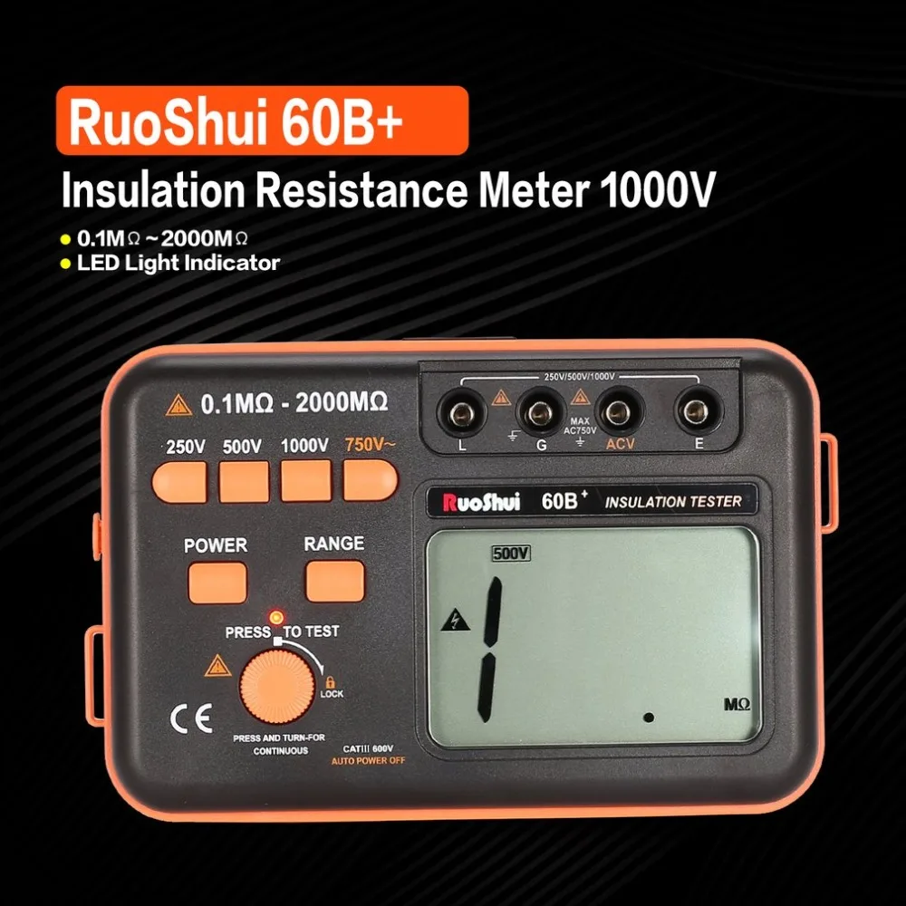 RuoShui 60B + 1000V Цифровой Автоматический диапазон тестер сопротивления изоляции