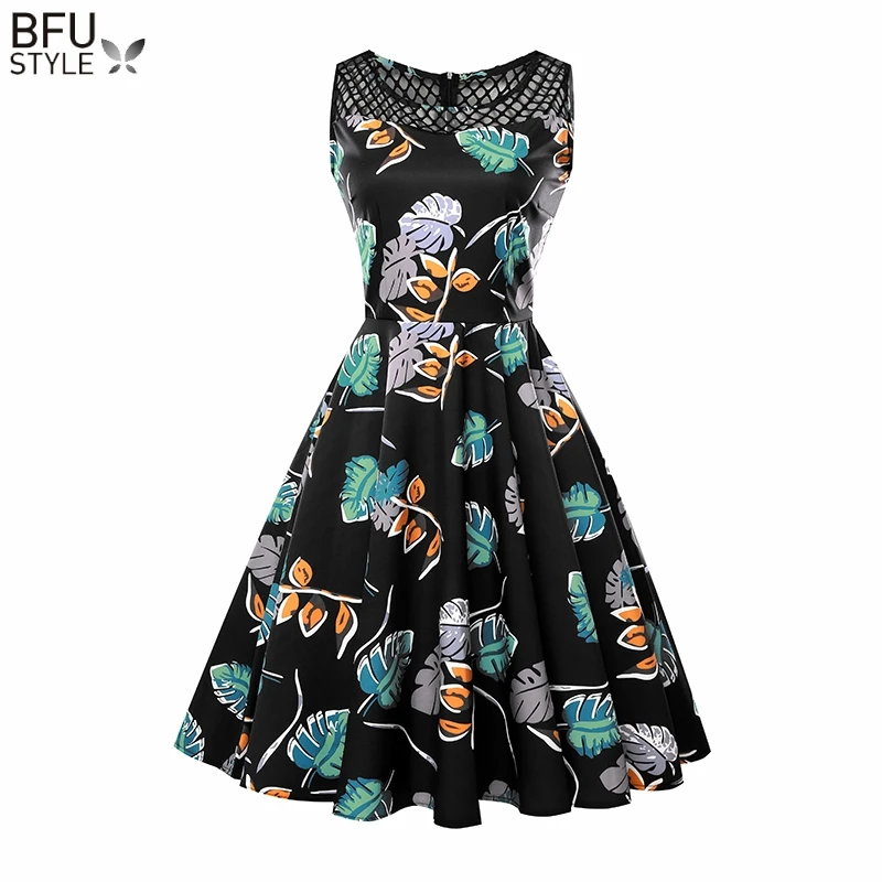 Womens Summer Floral Dress Vintage O Neck Slim Sexy 50s 60s Rockabilly Vestidos Party Black Retro Swing Robe Femme Ete 2020 | Женская
