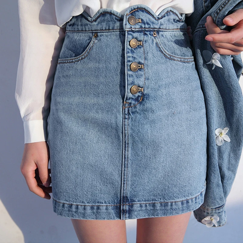 RUGOD Handmade Sequins 3D Floral Embroidery Jeans Skirt 2019 Women Fashion Wave Fringe Waist High Elastic Mini Saias Femme | Женская