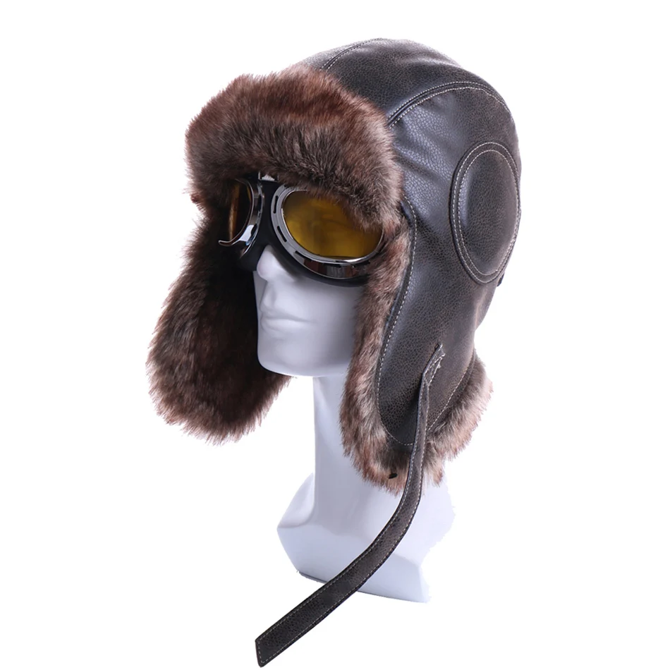 Зимняя куртка-бомбер Шапки Плюшевые Earflap русская ушанка с очки для мужчин женщин's Траппер Авиатор шлем летчика Искусственная кожа меха зимние шапки - Цвет: Brown-Yellow Goggles