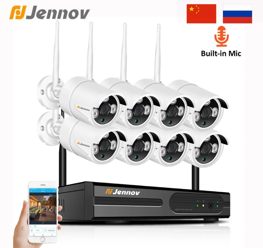 Jennov 8CH 1080P 2MP камера безопасности система Wifi комплект видеонаблюдения ip-камера Беспроводной NVR CCTV комплект аудио система P2P HDMI