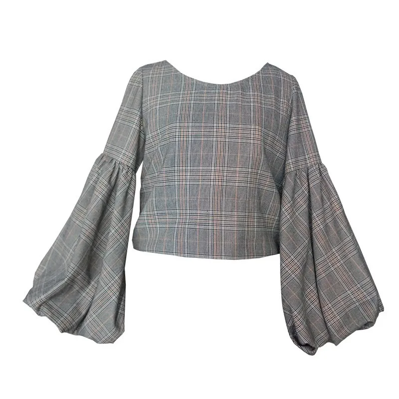 To Gladself Plaid Two Piece Sets Women Lantern Sleeve Blouse Tops Female Lace Up High Waist Ruffle Midi Skirt Suits 2018 Autumn | Женская