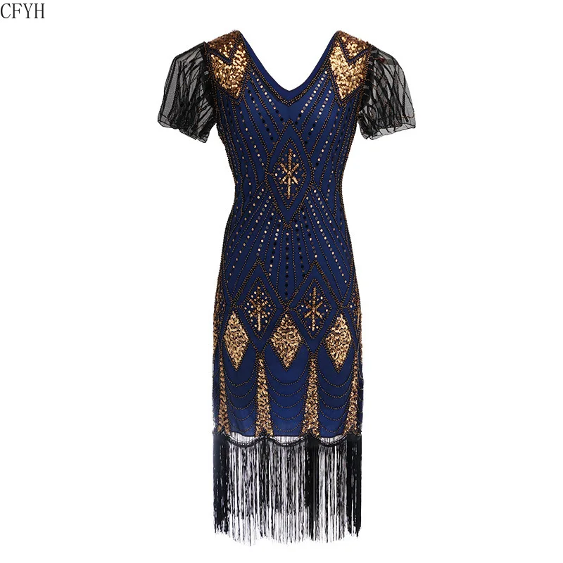 Great Gatsby Платье женское 1920 S винтажные блестки Арт Деко двойные платья с блестками винтажные вечерние платья с v-образным вырезом Украшенные бахромой