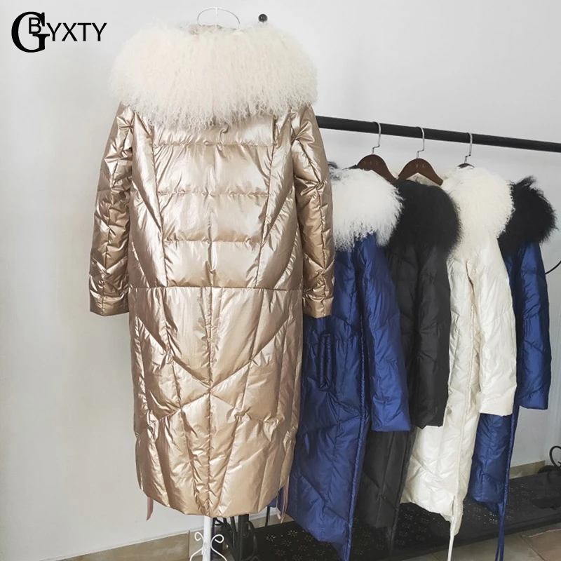 GBYXTY зимняя куртка-пуховик на 90% утином пуху, длинное плотное Женское пальто с шерстяным воротником и капюшоном, пуховая куртка-парка Mujer ZA1605