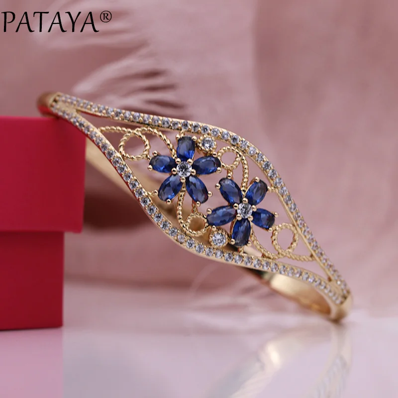 PATAYA, новинка, Овальный лепесток, роскошный женский браслет, Свадебный, тонкий, браслет с отверстиями, 585, розовое золото, темно-синий, натуральный циркон, милые, модные ювелирные изделия