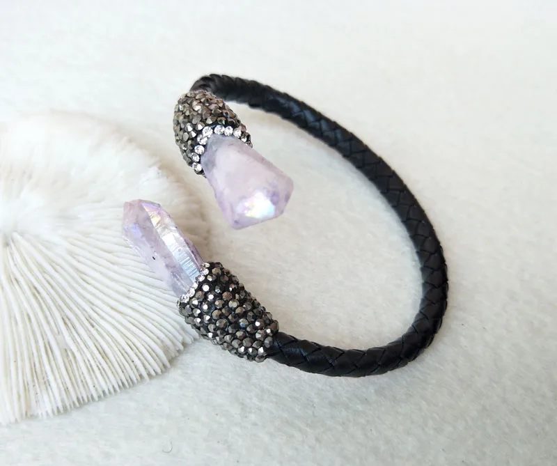 

5 Pieces Colorful Leather Bangle,Pave Crystal Rhinestone Natural stone Cuff Jewelry Bracelet BG171