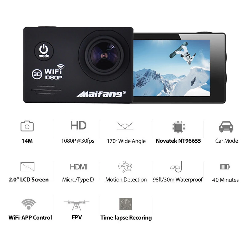 Ультра FHD 14 МП wifi Экшн камера Novatek 1080P видеокамеры FPV mini Car Mode Deportiva 2 дюйма go 170D
