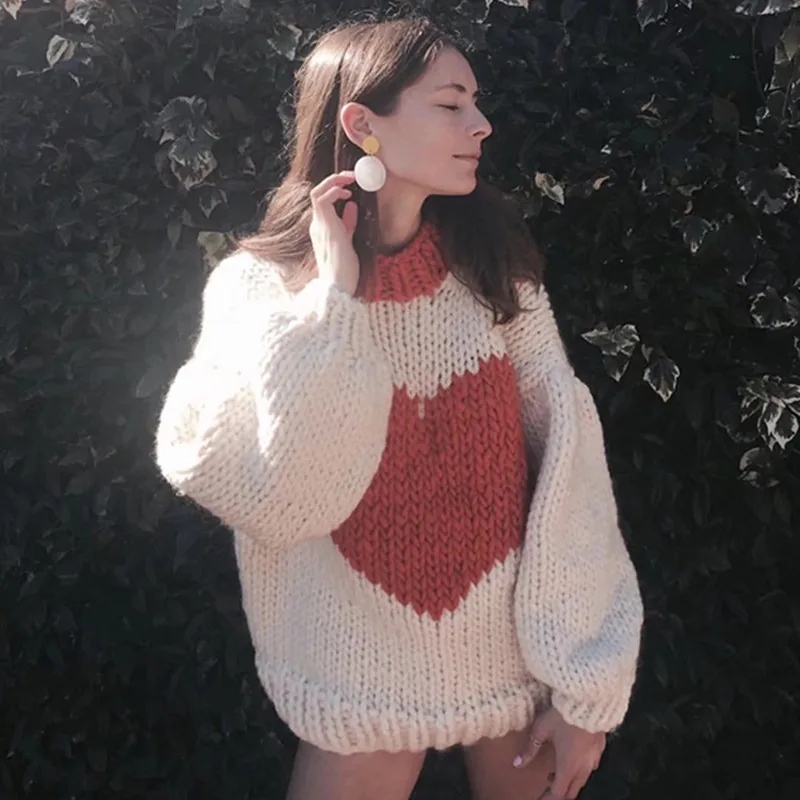 Heart Printed Women Mohair Sweaters 2018 Brand Streetwear Oversized Batwing Sleeve Knitted Pullovers Femme Knitwear cws0061-5 | Женская