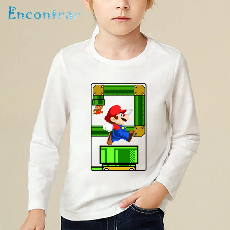 white-H Забавная детская футболка с принтом «Super Mario Bros» топы с длинными рукавами для маленьких мальчиков и девочек, детская Милая Белая футболка LKP5222 - Цвет: white-H