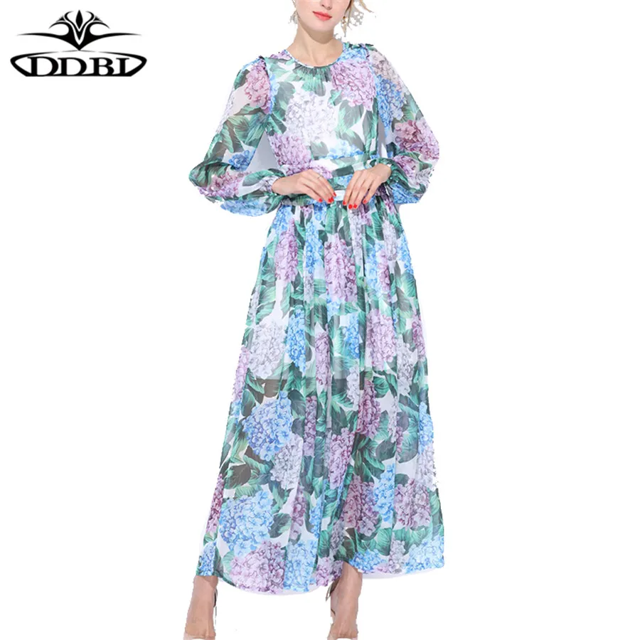 2017 женское Модное шифоновое платье для подиума Длинные рукава с цветочным