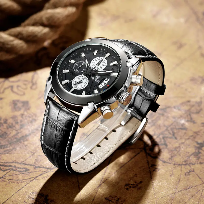 MEGIR оригинальные мужские кварцевые часы Reloj Hombre кожаные деловые часы мужские часы с хронографом армейские военные часы спортивные мужские