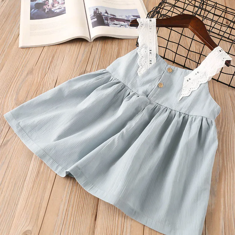 Hurave cotton causal camis dress hot sale summer Baby Girls solid lace Dress Clothes Children Sleeveless Kids button Dresses | Детская