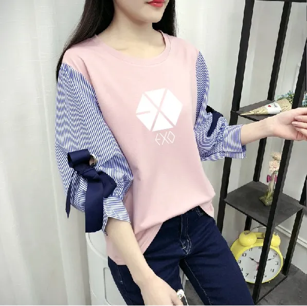 Kpop EXO корейские демисезонные Свободные Дикий поддельные две футболки женская уличная мода полосатая футболка Женская Harajuku топы