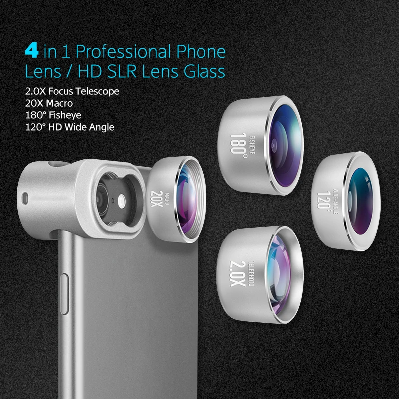 lente para celular 4 in 1 Camera Phone Lens Kit HD 4K Wide Angle Telescope Fisheye Marco Lenses for iPhone Samsung Xiaomi | Мобильные