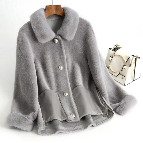 gray Пальто из корейской норки с меховым воротником, шерсть, Женская куртка, осенне-зимняя куртка, женская шуба из овчины, замшевая подкладка ZT1647 - Цвет: gray
