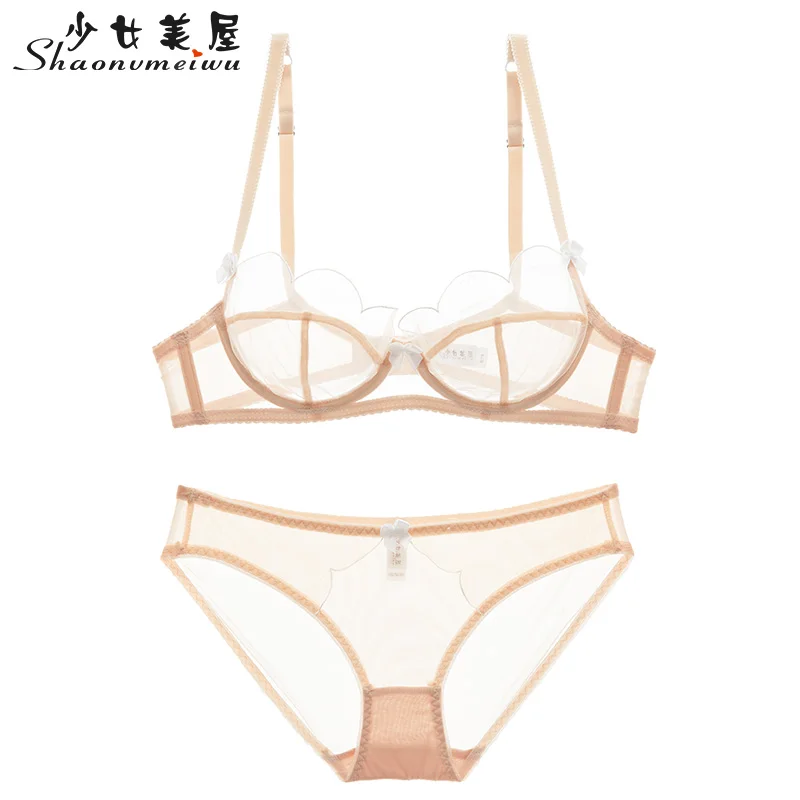 

Кружевной ультратонкий сексуальный полый полностью прозрачный женский комплект нижнего белья, бюстгальтер и трусики, бюстгальтер большог...