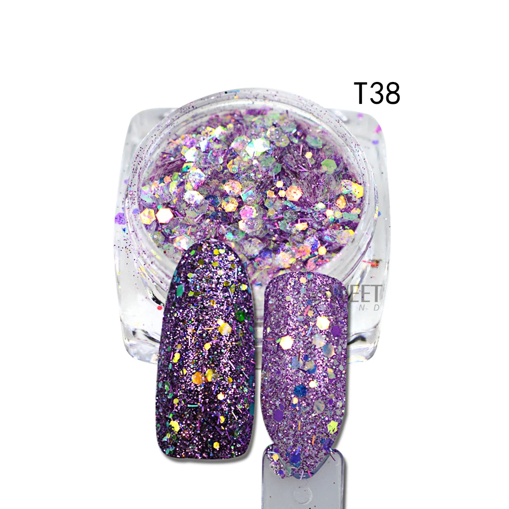 1 бутылка 3D Блестящий смешанный цвет дизайн ногтей Шестигранная форма блеск