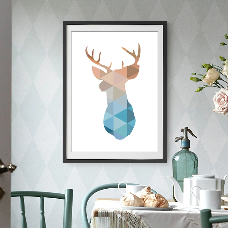 Geometric Triangles Deer Head Nordic Canvas Painting Abstract Animal Wall Art Poster and Print Pictures for Kids Room Home Decor | Дом и сад
