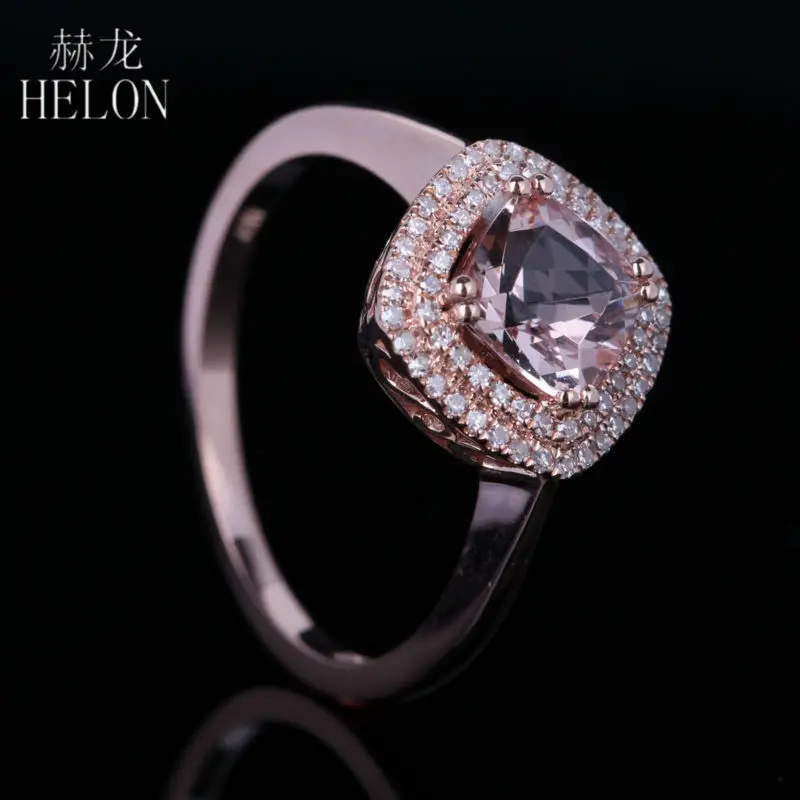 HELON романтические Diamonds Кольцо Твердые 14 К розовое золото ювелирные изделия Подушка морганит Обручение обручальное кольцо для Для женщин подарок Fine Jewelry
