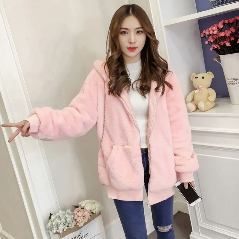 

2019autumn winter women new popular wild imitation rabbit fur grass Medium length thick hooded Faux fur plush XL coat females100