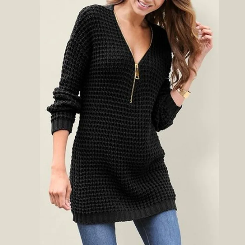 Autumn Women Sweaters 2018 V-neck Long-sleeved Tops Female Winter Knitted Jumpers Sexy Ladies Zipper Sweater Dress 2XL | Женская одежда