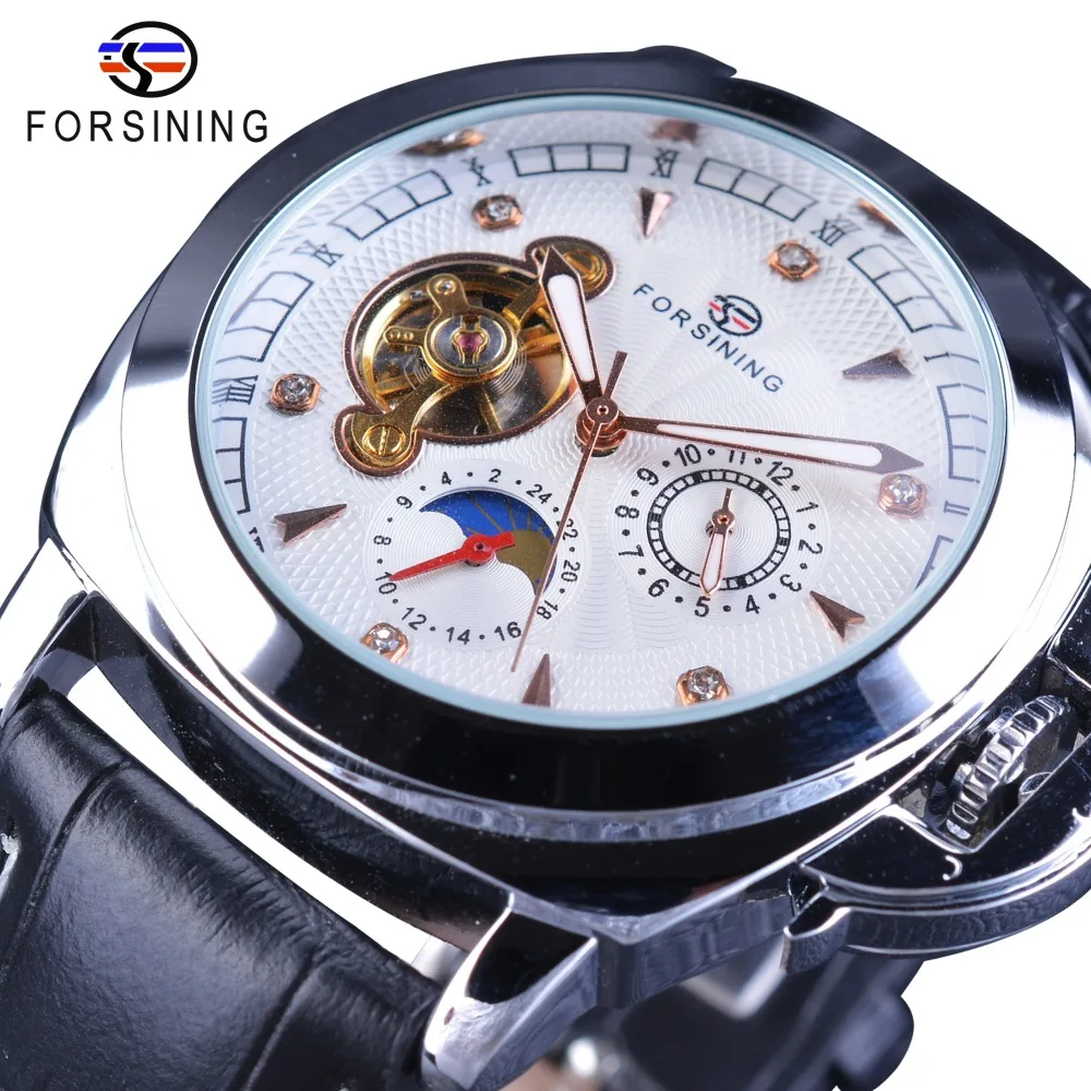 

Forsining повседневные спортивные дизайнерские роскошные часы с бриллиантами и ремешком из натуральной кожи, мужские часы от ведущего бренда, Р...