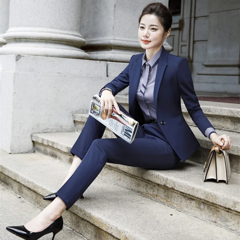 IZICFLY New Style Autumn Spring Business Ladies Uniform Pant Suits For Women Office Blazer Sets 2 Pieces With Trouser