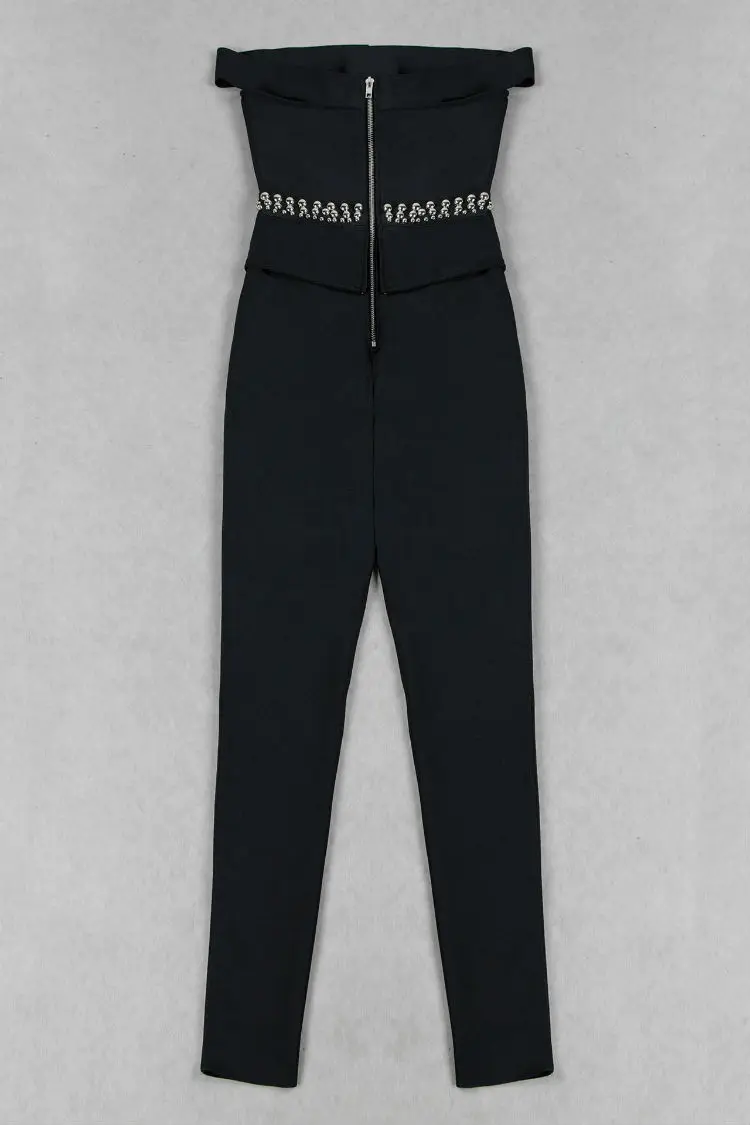 

New Fashion Slim Sexy Women Bandage Jumpsuit Black Rivet bodycon Full Length Evening Club Party Bodysuit Rompers Pencil Pants