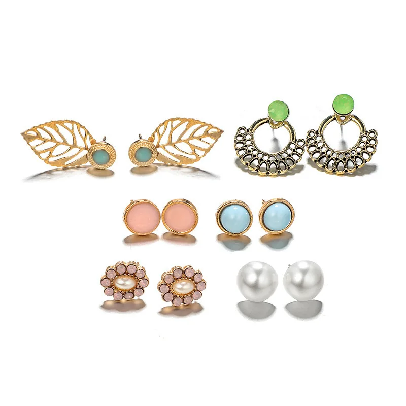 6Pcs/set New Vintage Bohemia Ladies Earrings Set Austria Crystal Cubic Zirconia Small Stud Earrings For Wome Fashion Accessories