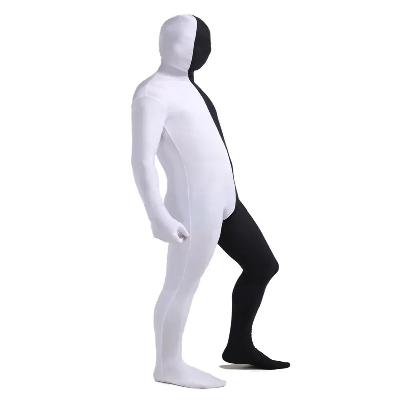 Полноразмерный белый и черный спилок лайкра спандекс монолитный костюм Zentai для