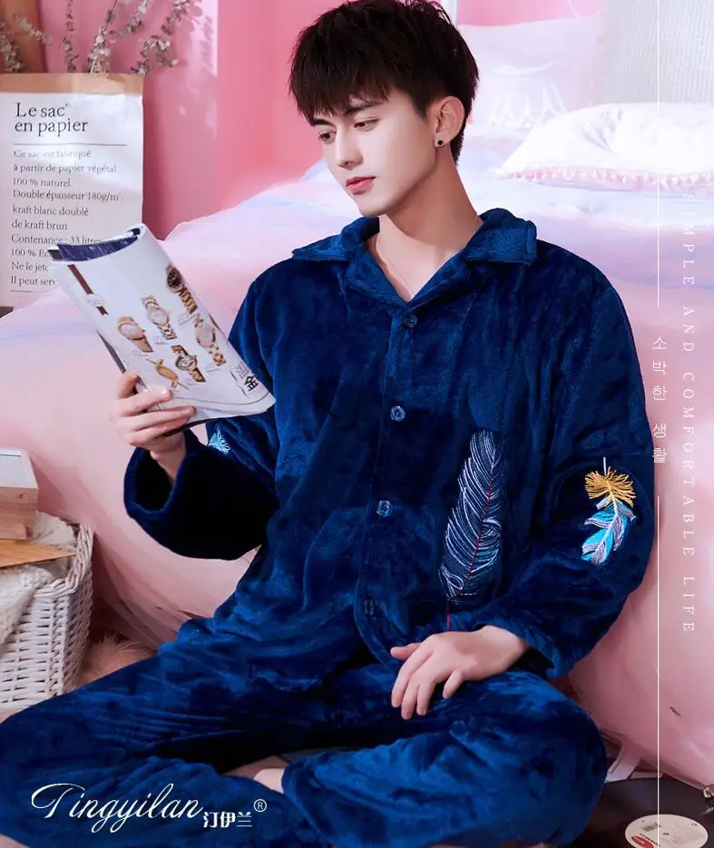 Pijama Masculino, Мужская пижама с вышивкой, зимняя теплая фланель, коралл, флисовая Пижама для мужчин, одежда для сна, Ночная одежда - Цвет: 023