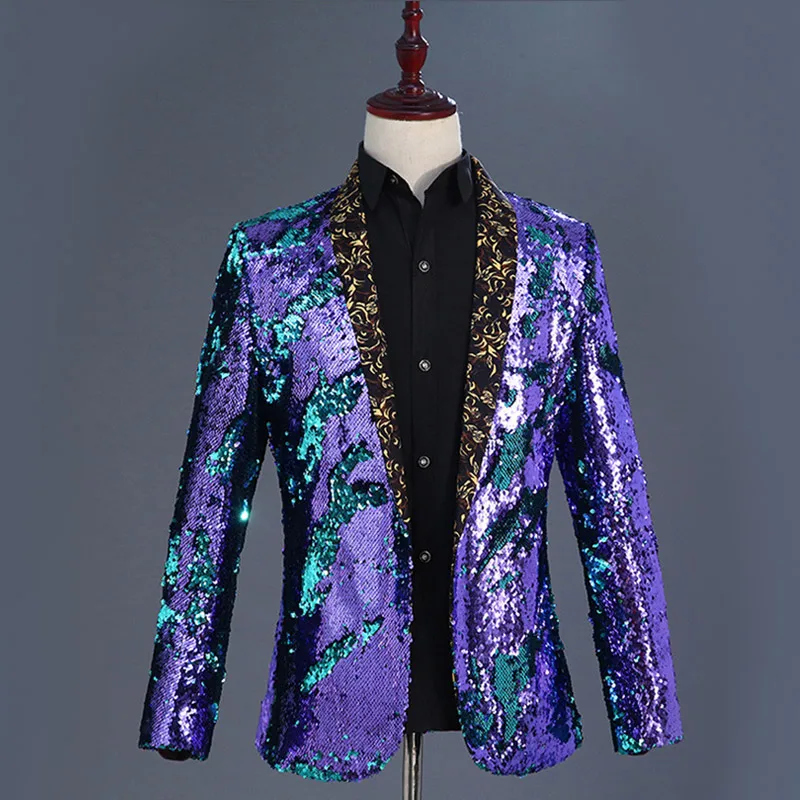 Блейзер Мужской с золотыми блестками пиджак цветочным принтом воротник шаль
