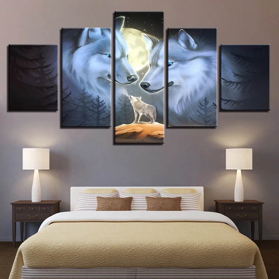 

Canvas Wall Art Pictures Home Decor Living Room 5 Pieces Abstract White Wolf Couple Paintings HD Prints Moon Posters Framework