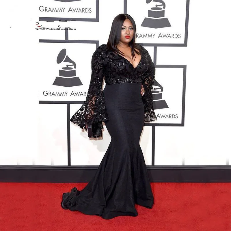 Grammy Awards плюс размер платья знаменитостей с длинными рукавами Jazmine Sullivan платье на выпускной с блестками черное кружевное вечернее платье русалки