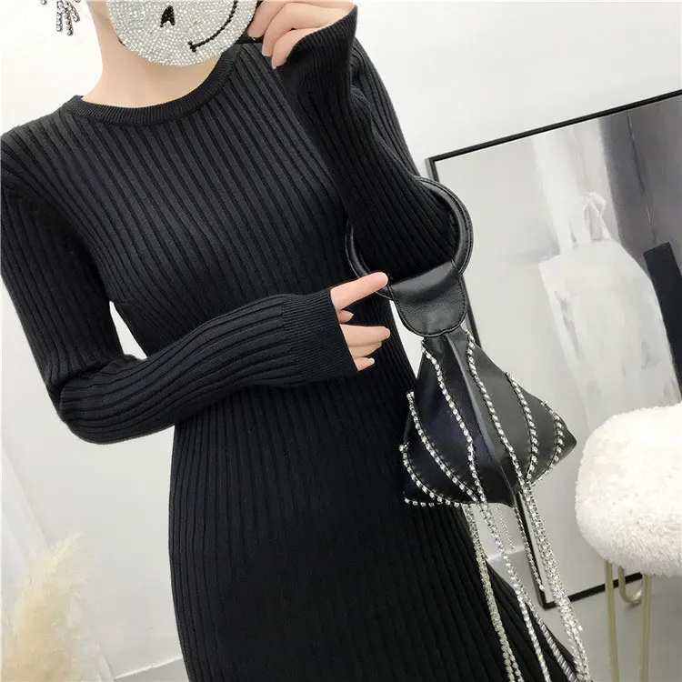 2019 Новое Осеннее женское трикотажное однотонное платье с круглым вырезом тонкий